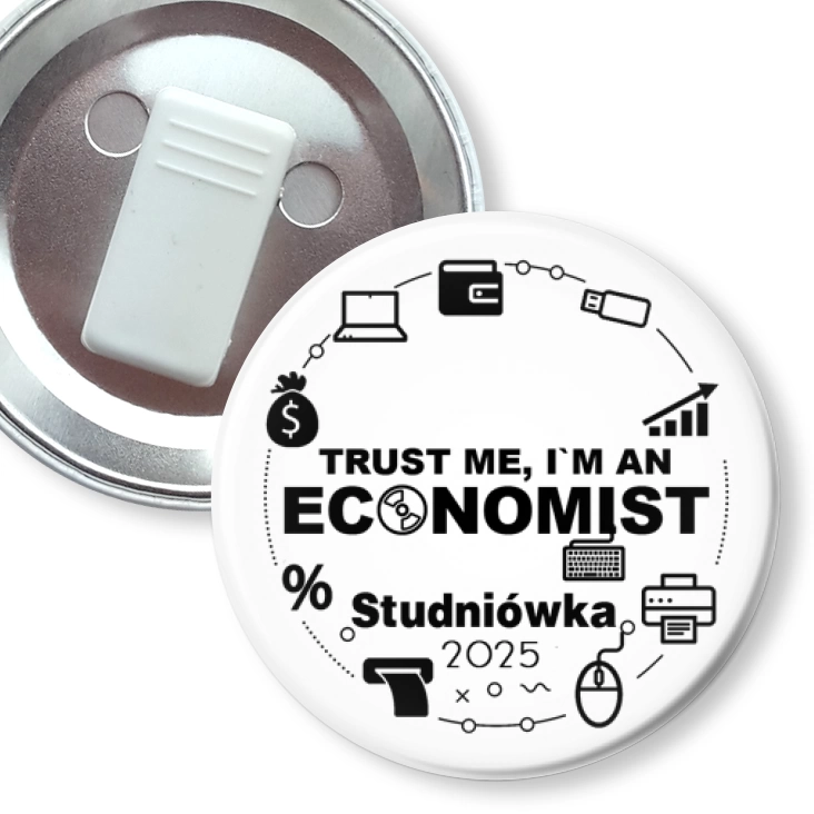 przypinka z żabką Studniówka biała trust me I am Economist