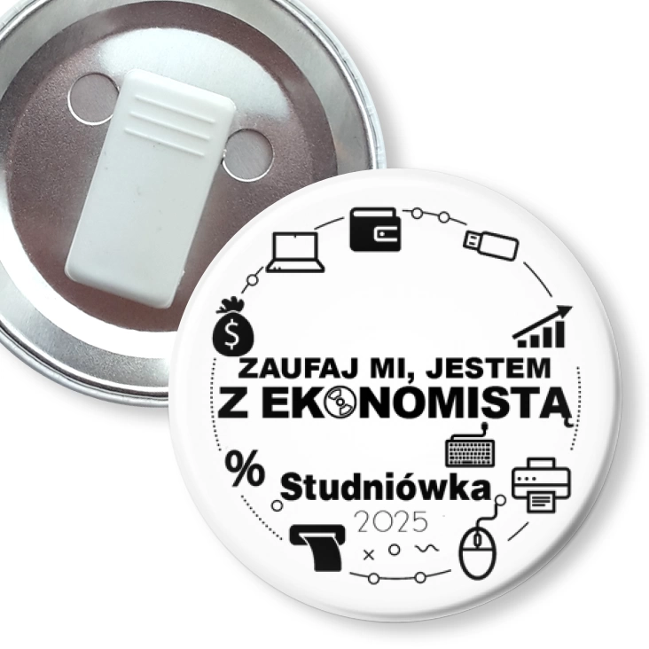 przypinka z żabką Studniówka biała zaufaj mi jestem z Ekonomistą