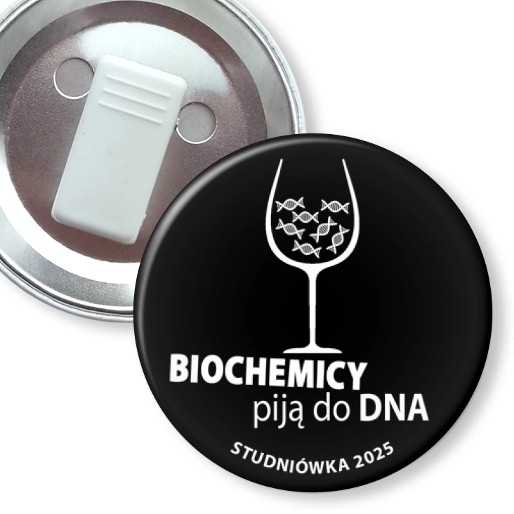 przypinka z żabką Studniówka czarna biochemicy piją do dna