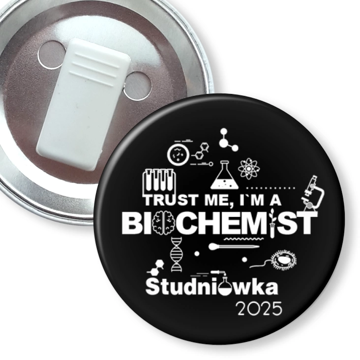 przypinka z żabką Studniówka trust me I am biochemist