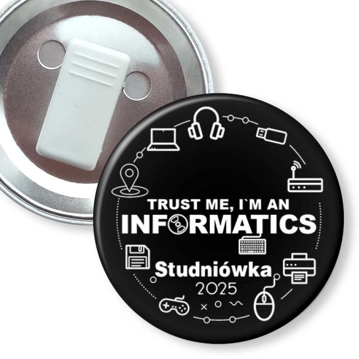 przypinka z żabką Studniówka trust me I am informatics