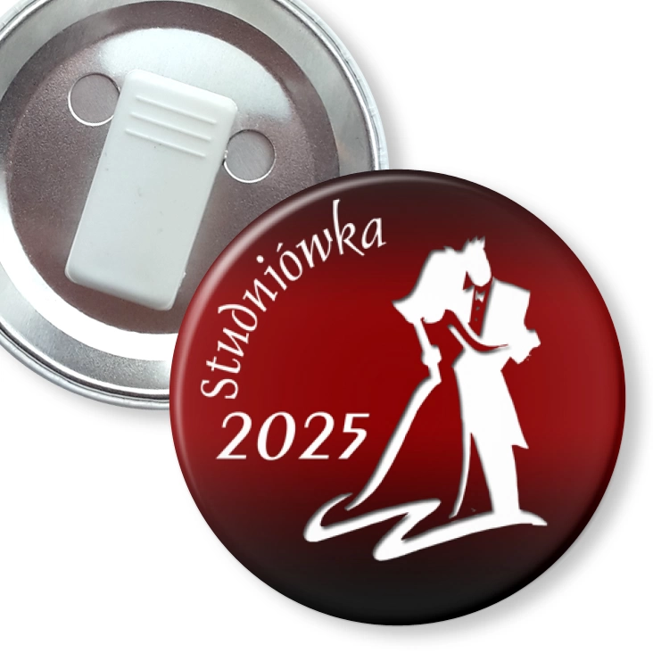 przypinka z żabką Studniówka czerwona z elegancką parą