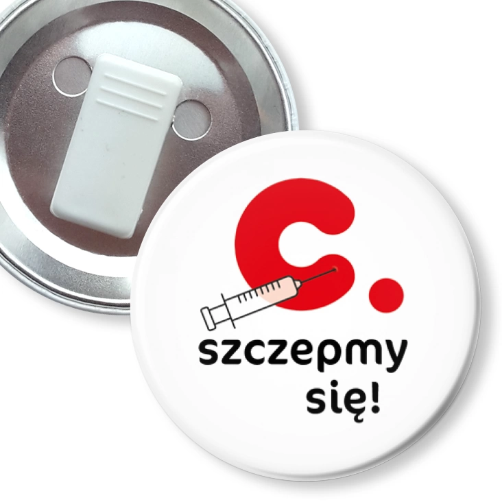 przypinka z żabką Czerwonak szczepimy się