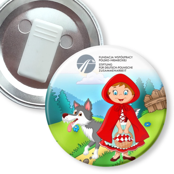 przypinka z żabką Czerwony Kapturek Fundacja Współpracy Polsko-Niemieckiej