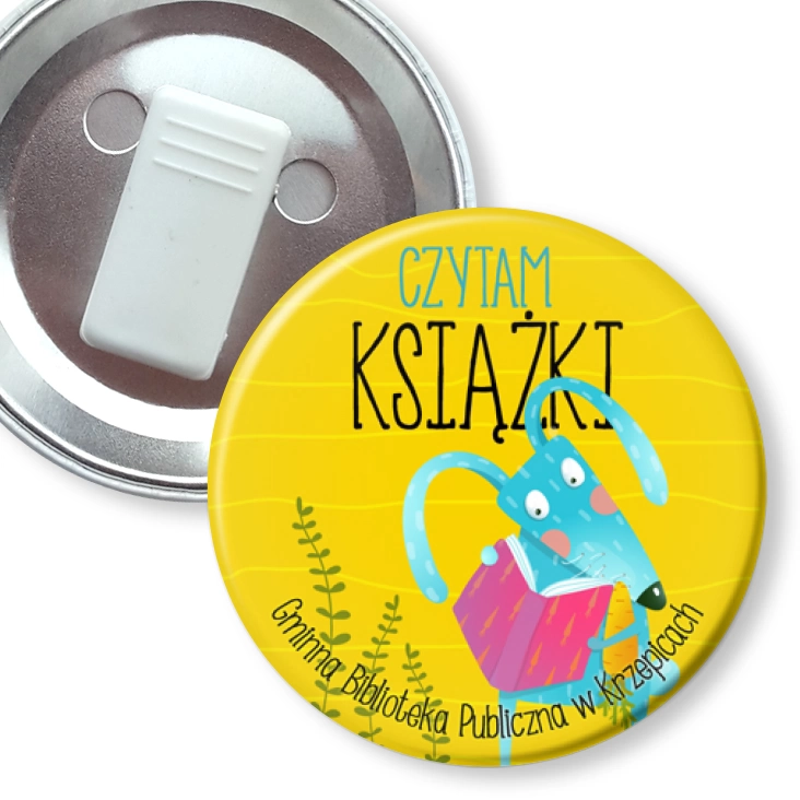 przypinka z żabką Czytam Książki Biblioteka w Krzepicach