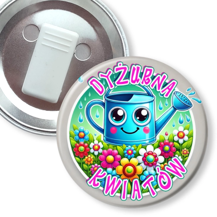 przypinka z żabką Dyżurna Kwiatów z konewką