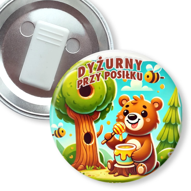 przypinka z żabką Dyżurny przy posiłku miś