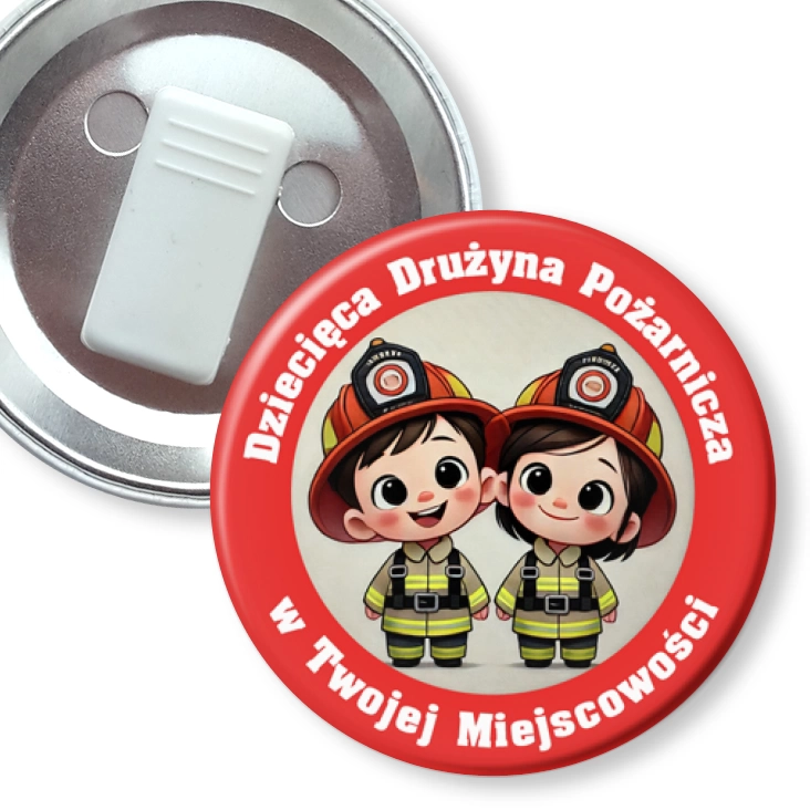 przypinka z żabką Dziecięca Drużyna Pożarnicza dziewczynka i chłopiec