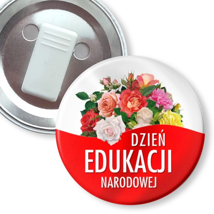 przypinka z żabką Dzień Edukacji Narodowej z bukietem róż