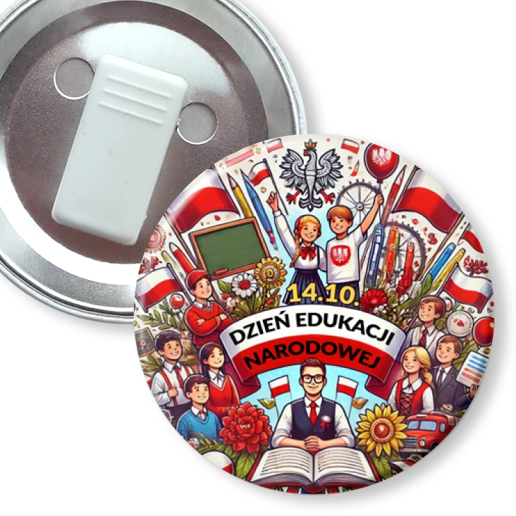 przypinka z żabką Dzień Edukacji Narodowej w biało-czerwonych barwach