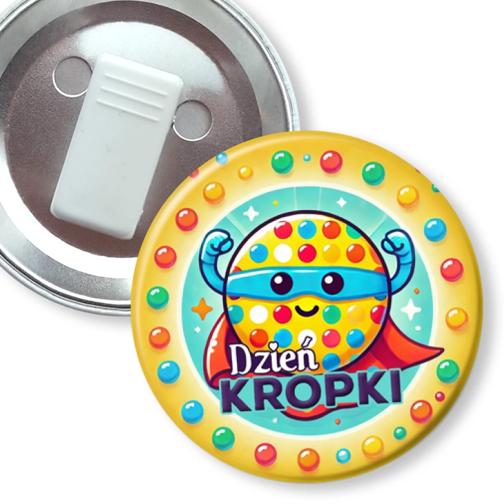 przypinka z żabką Dzień Kropki Kropka superbohaterka