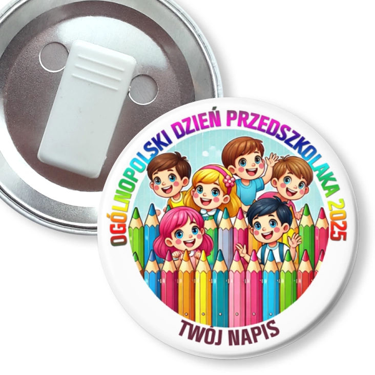 przypinka z żabką Dzień Przedszkolaka płotek z kredek