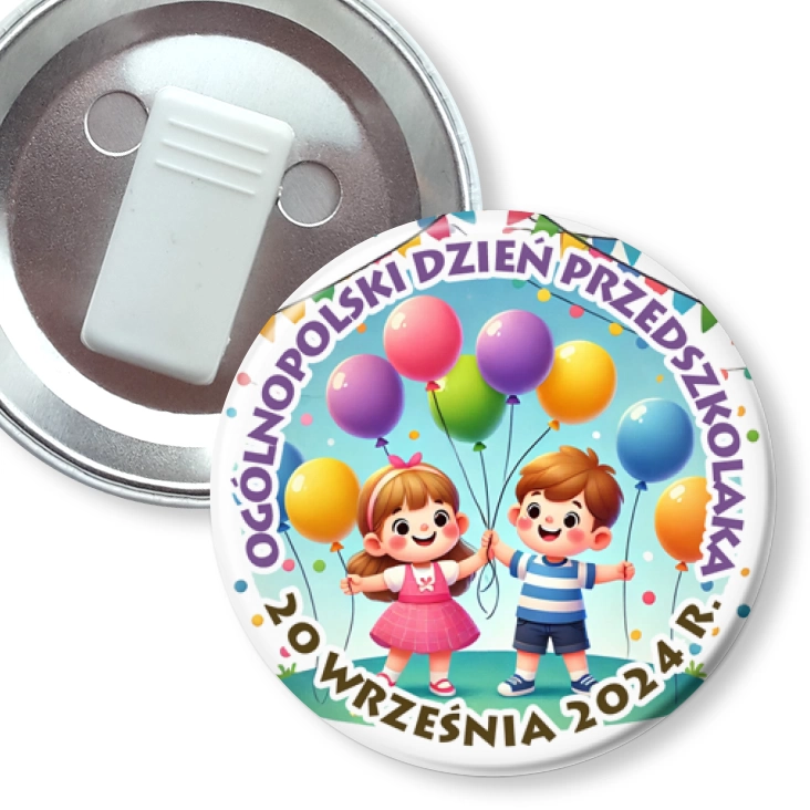przypinka z żabką Dzień Przedszkolaka z balonikami