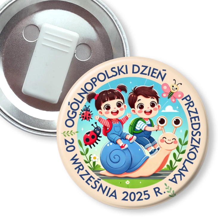 przypinka z żabką Dzień Przedszkolaka ze ślimakiem