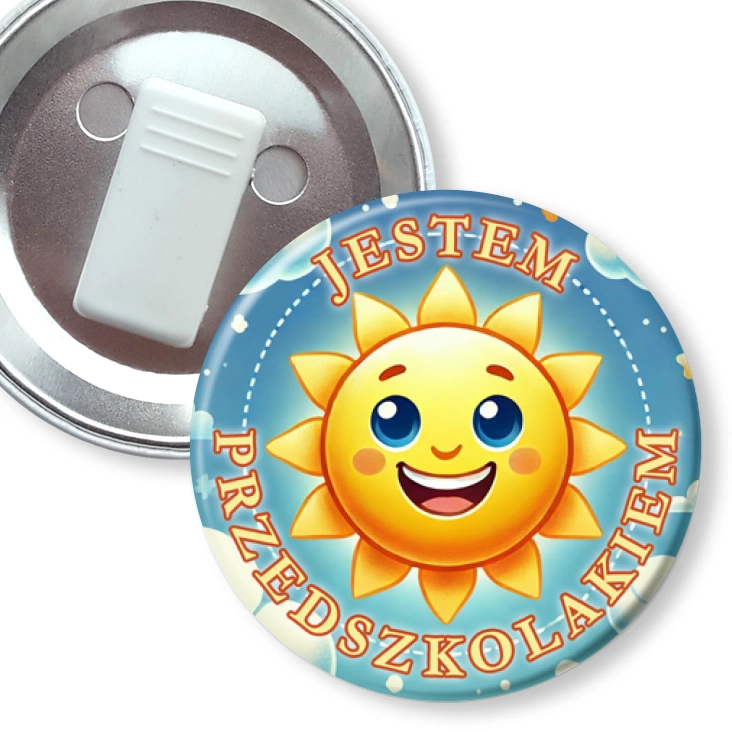 przypinka z żabką Jestem przedszkolakiem słoneczko