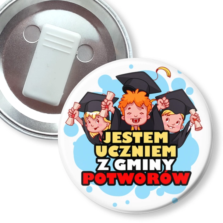 przypinka z żabką Jestem uczniem z gminy Potworów