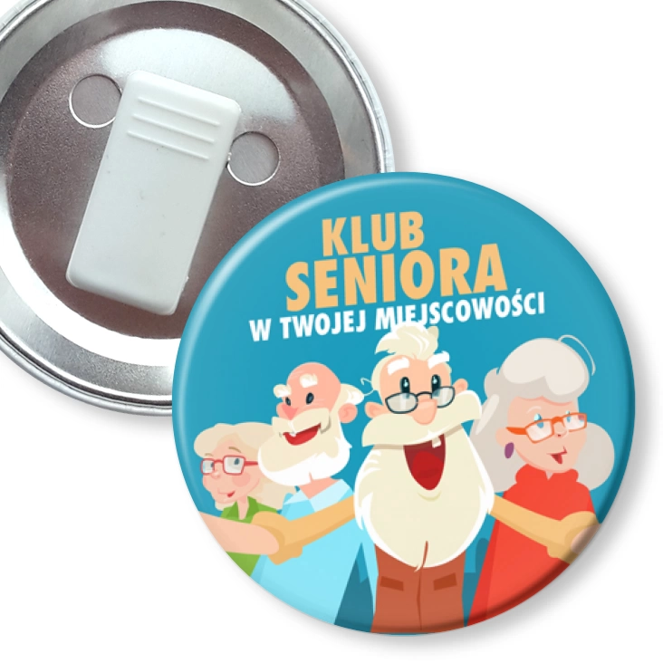 przypinka z żabką Klub Seniora na niebieskim tle