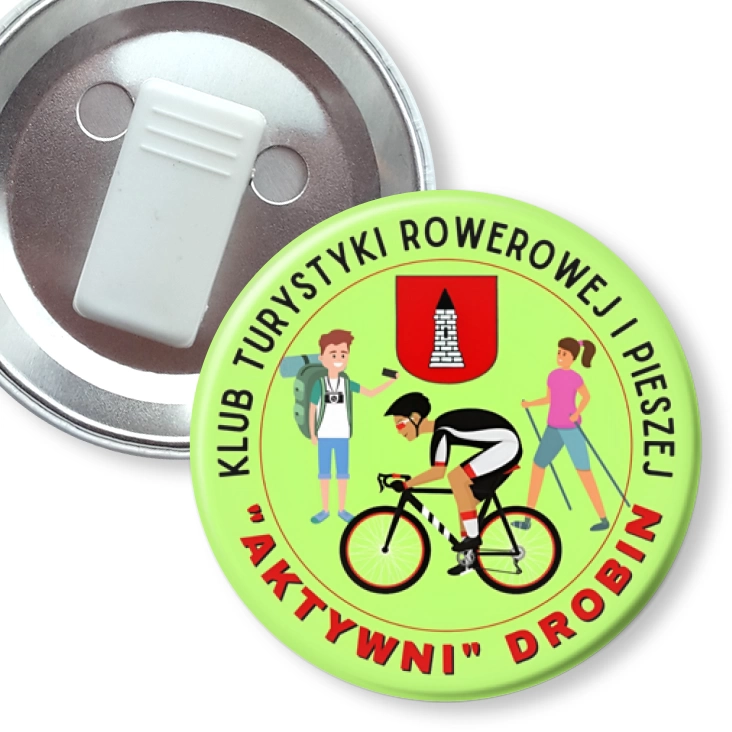 przypinka z żabką Klub Turystyki Rowerowej i Pieszej Aktywni Drobin