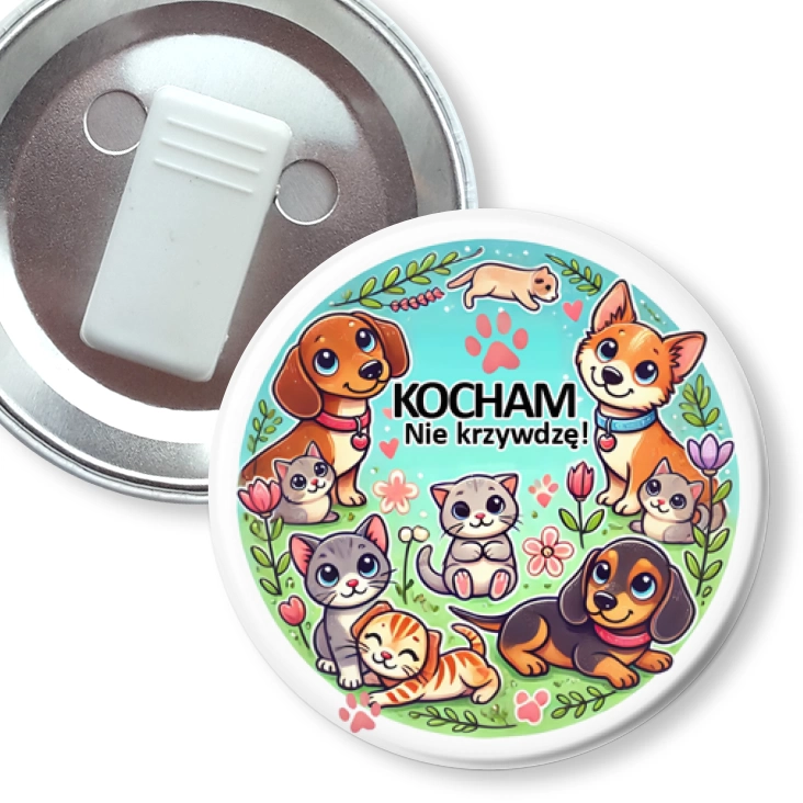przypinka z żabką Kocham. Nie krzywdzę