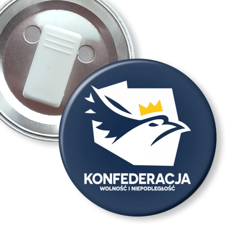 przypinka z żabką Konfederacja logo w inwersji