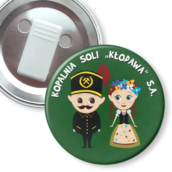 przypinka z żabką Kopalnia Soli Kłodawa na zielonym tle