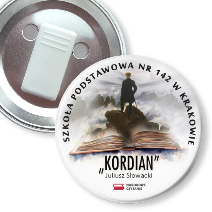 przypinka z żabką Kordian 2024 Narodowe Czytanie SP 142 w Krakowie