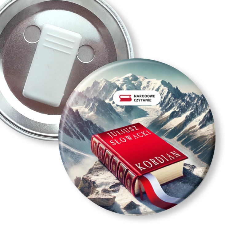 przypinka z żabką Kordian książka na tle Mont Blanc