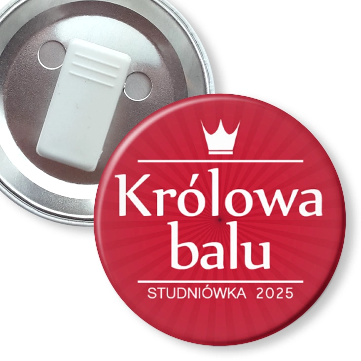 przypinka z żabką Królowa Balu z białą koroną czerwona