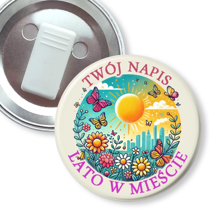 przypinka z żabką Lato w mieście. Twój napis