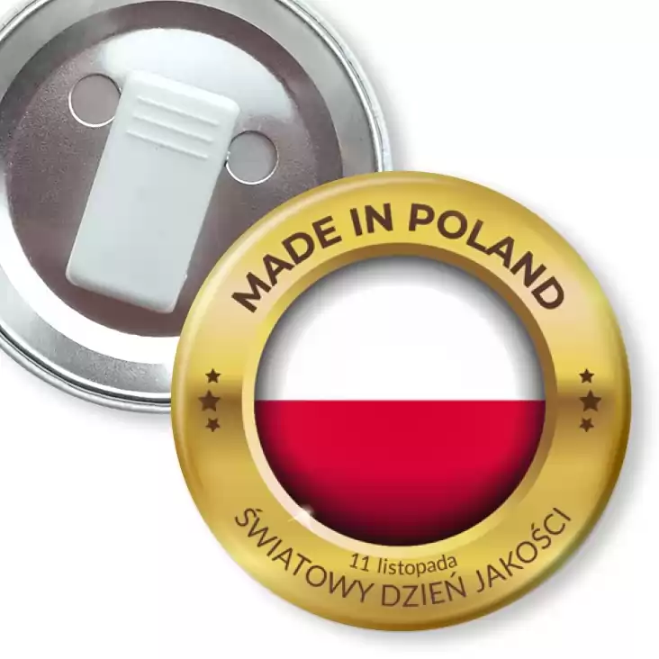 przypinka z żabką Made in Poland Światowy Dzień Jakości