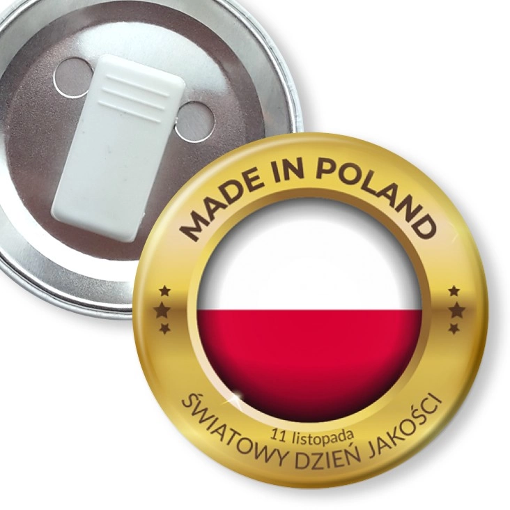 przypinka z żabką Made in Poland Światowy Dzień Jakości