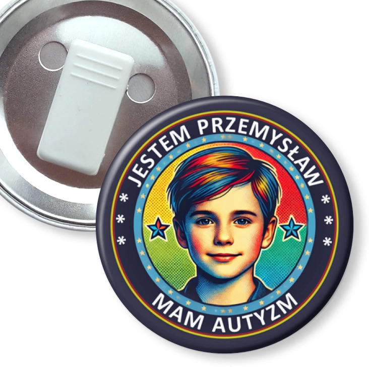 przypinka z żabką Mam autyzm chłopiec z imieniem