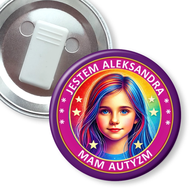 przypinka z żabką Mam autyzm dziewczynka z imieniem