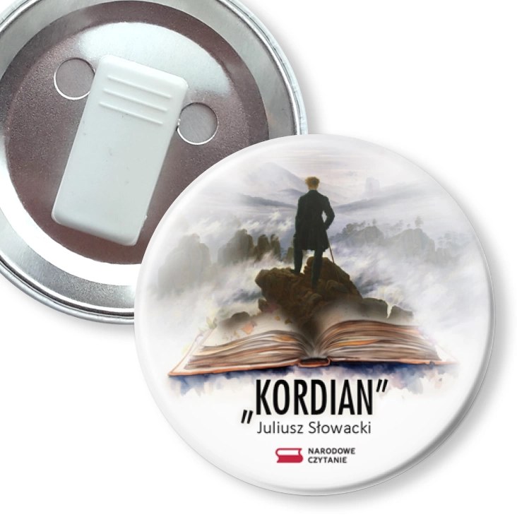 przypinka z żabką Narodowe Czytanie 2024 Kordian książka z wędrowcem