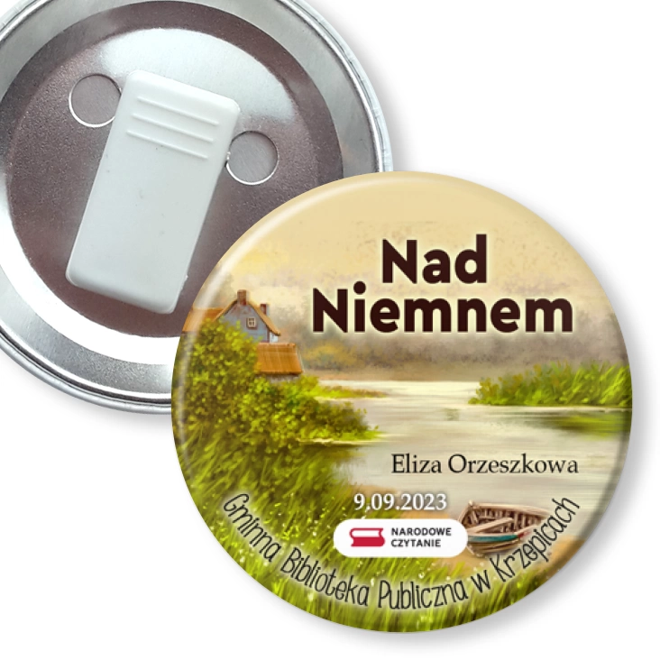 przypinka z żabką Narodowe Czytanie Biblioteka w Krzepicach