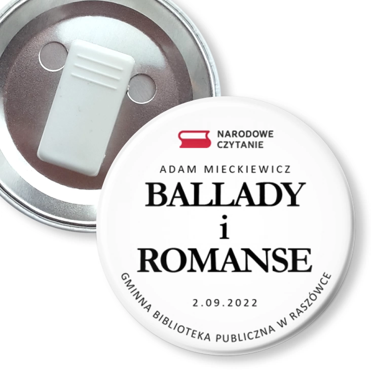 przypinka z żabką Narodowe Czytanie  Biblioteka w Raszówce