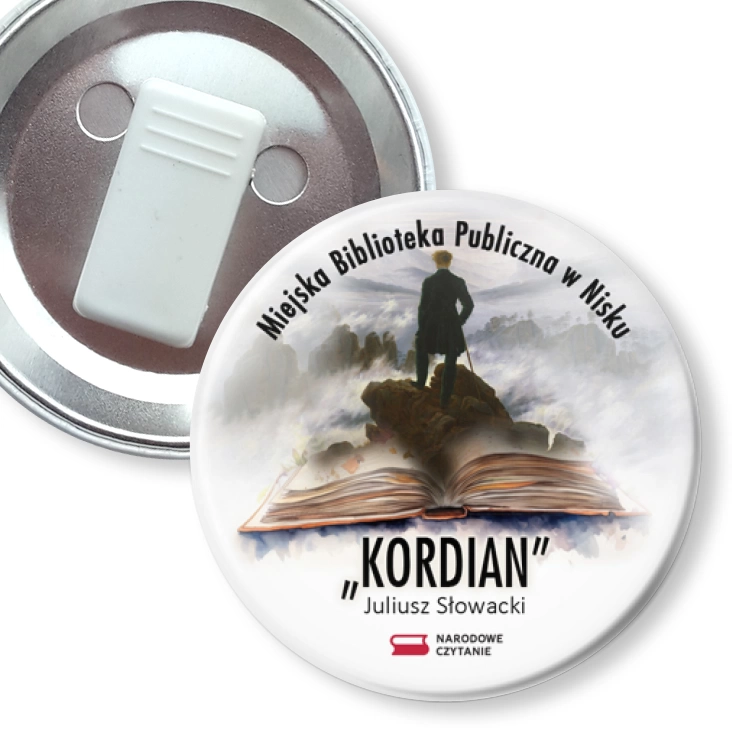 przypinka z żabką Narodowe Czytanie Kordian 2024 Biblioteka w Nisku