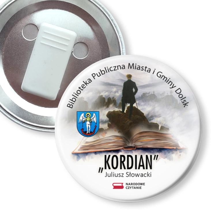 przypinka z żabką Narodowe Czytanie Kordian Biblioteka Dolsk