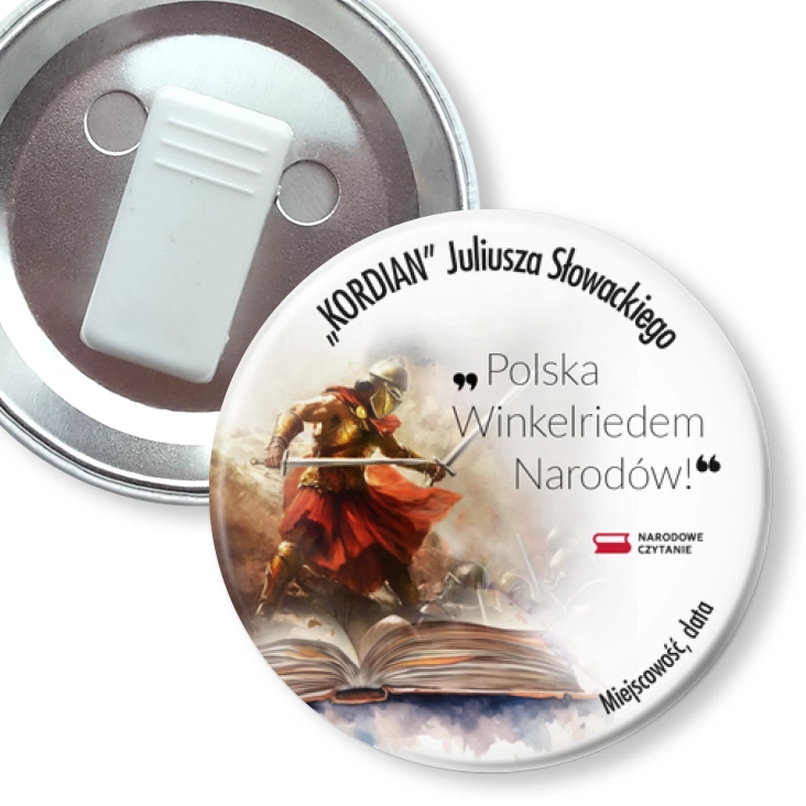 przypinka z żabką Narodowe Czytanie Kordian rycerz Winkelried