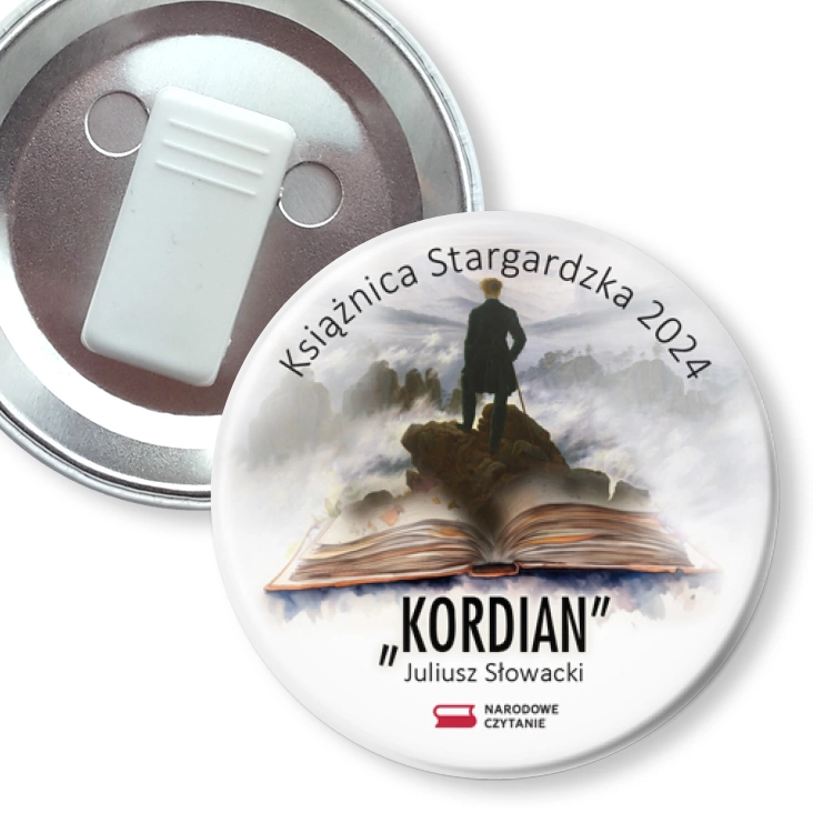 przypinka z żabką Narodowe Czytanie Książnica Stargardzka