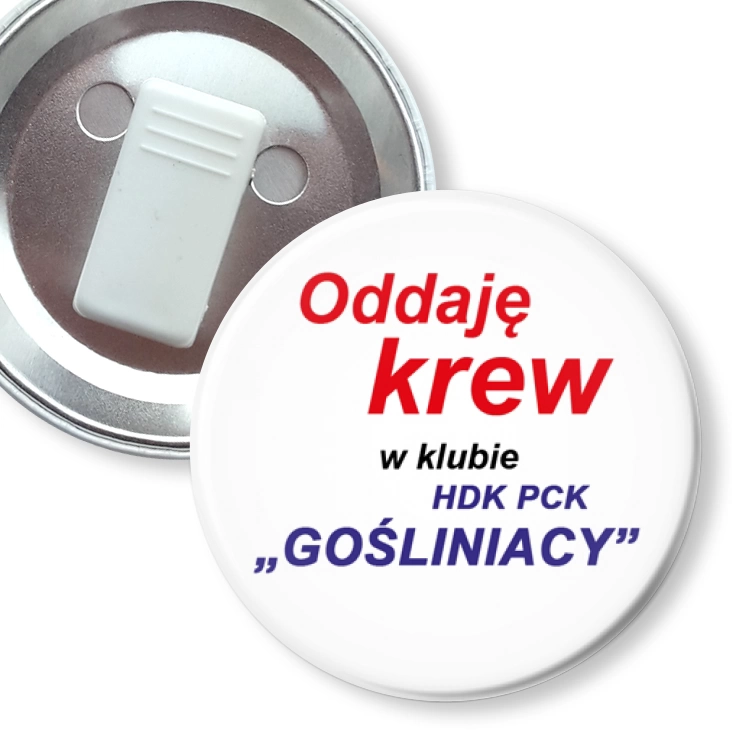 przypinka z żabką Oddaję krew w HDK PCK Gośliniacy