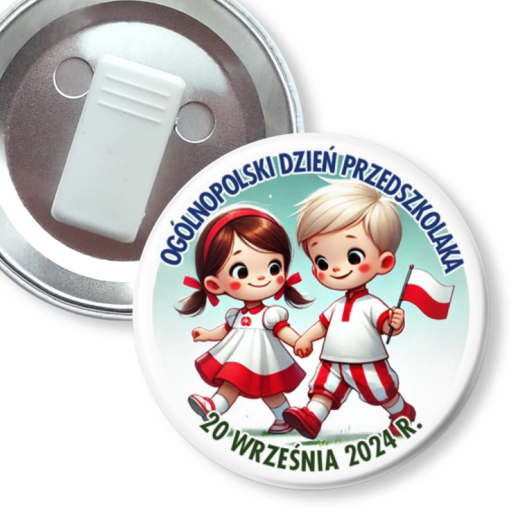 przypinka z żabką Ogólnopolski Dzien Przedszkolaka z choragiewką