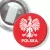 Przypinka z żabką Orzeł i napis Polska na czerwonym tle
