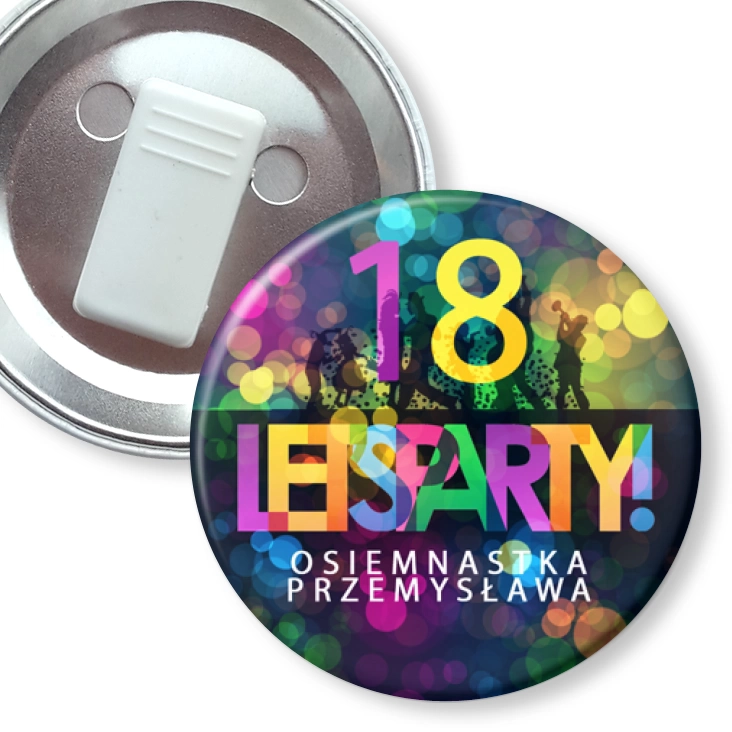 przypinka z żabką Osiemnastka lets party z imieniem