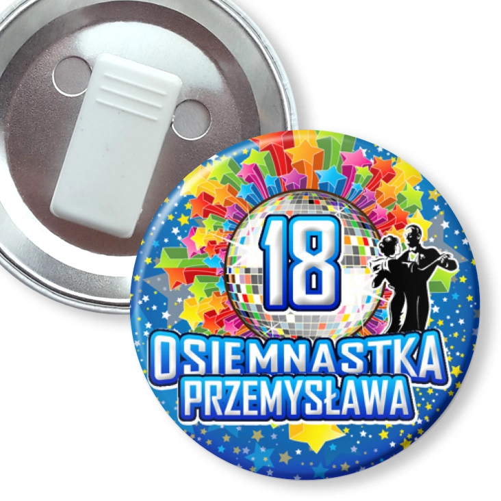 przypinka z żabką Osiemnastka z imieniem i kulą disco