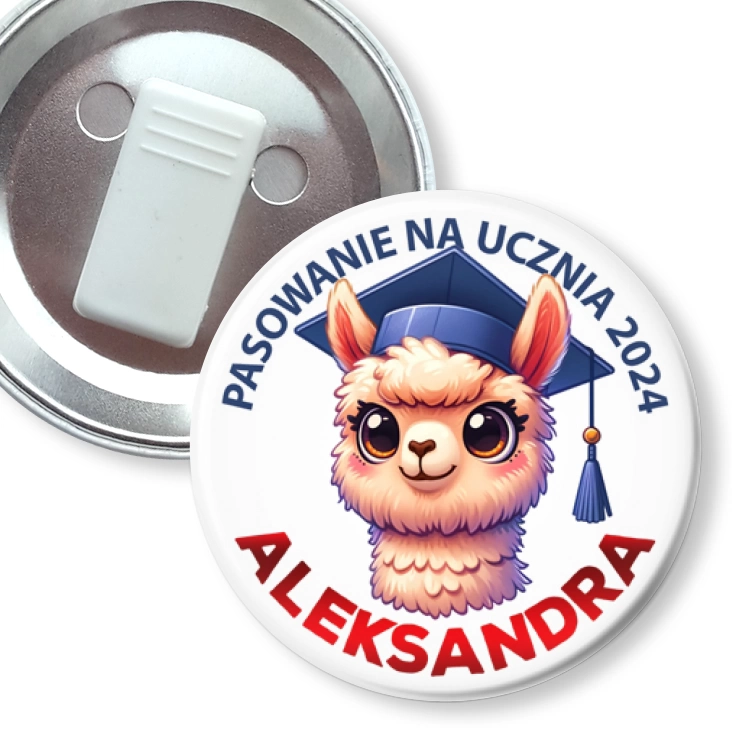 przypinka z żabką Pasowanie na ucznia alpaka z imieniem