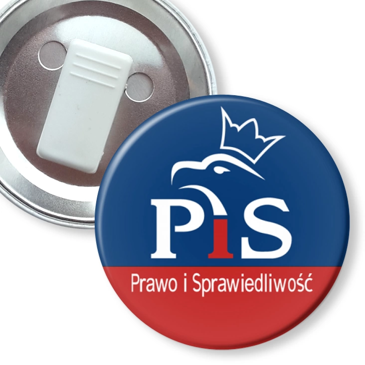 przypinka z żabką Prawo i Sprawiedliwość PiS logo w inwersji