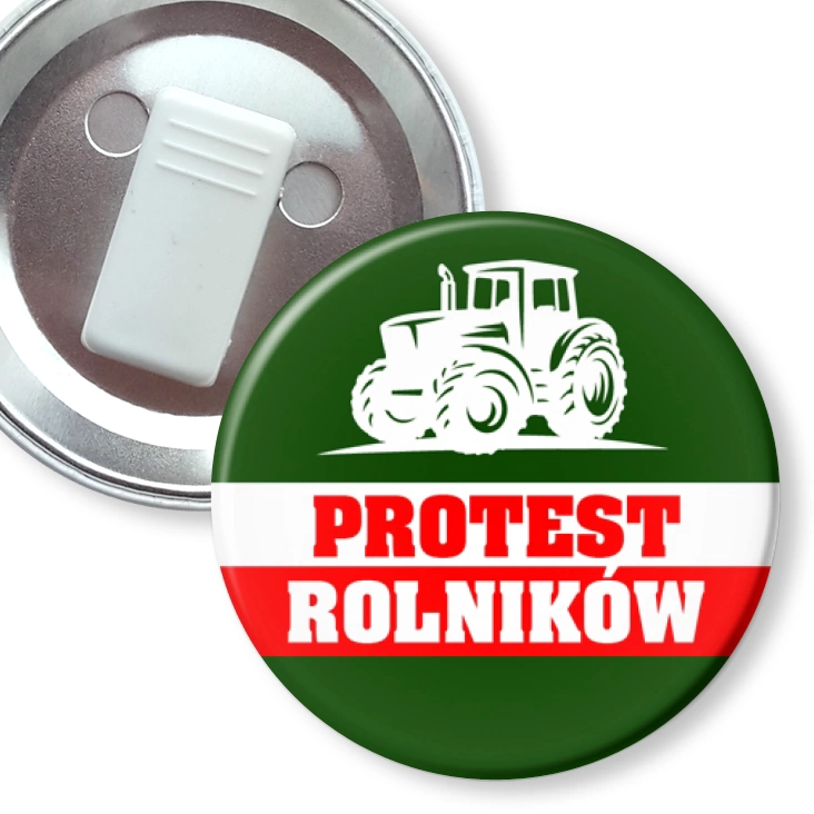 przypinka z żabką Protest rolników z ciągnikiem