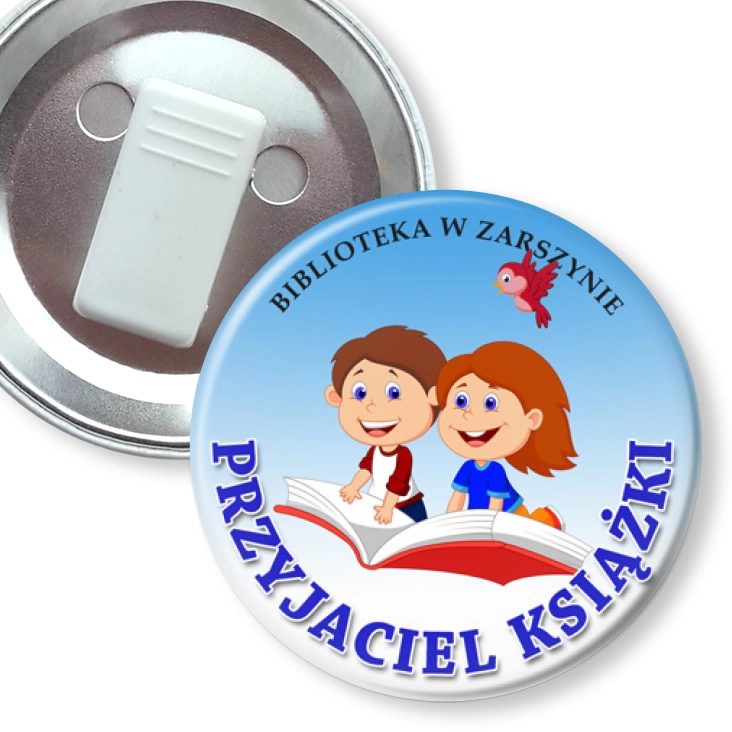 przypinka z żabką Przyjaciel książki Biblioteka w Zarszynie