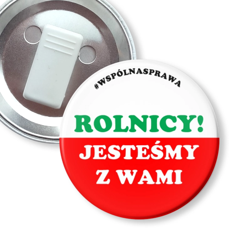 przypinka z żabką Rolnicy jesteśmy z Wami